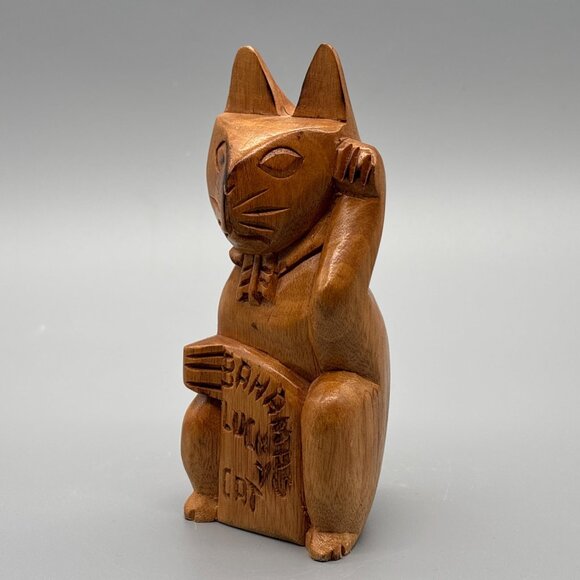 Hand-Carved Wooden Lucky Cat Figurine Maneki Neko | Made in Bahamas - Picture 3 of 11
